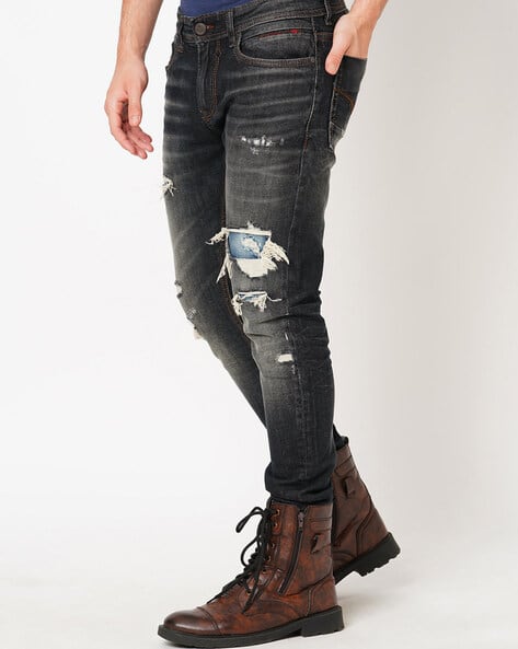 Men Lightly Washed Heavy Distressed Tapered Jeans