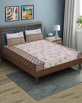 144 TC Floral Print Fitted Double Bedsheet with Pillow Covers
