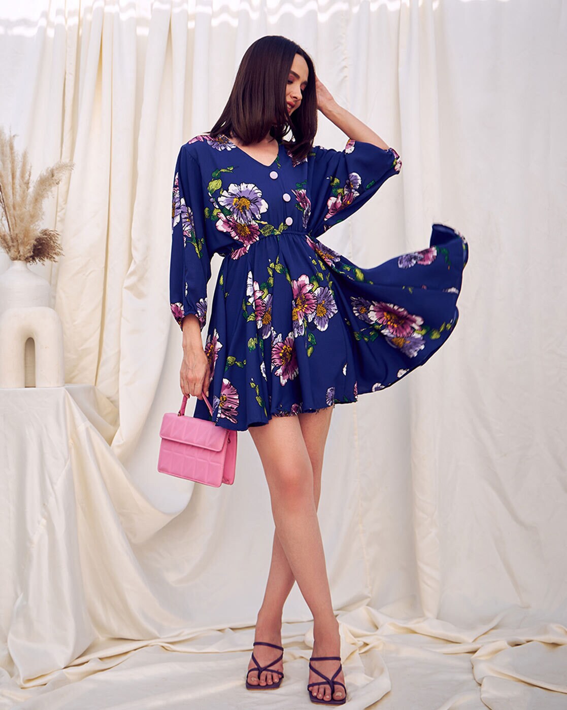 Balloon Sleeve Ditsy Floral Printed Fit & Flare Mini Dress With Belt |  ADFY-SRRV-105 | Cilory.com