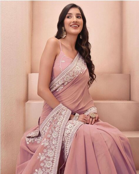 Buy Pink Georgette Saree With Thread, Sequence & Embroidery Work and  Georgette Sequence Blouse for Women, Wedding Saree Online in India - Etsy