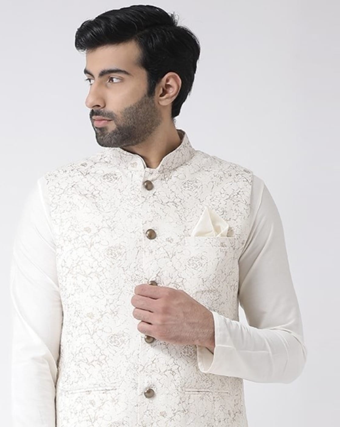 Buy SALWAR STUDIO Men Off White Art Silk Embroidered Sleeveless Nehru Jacket  online