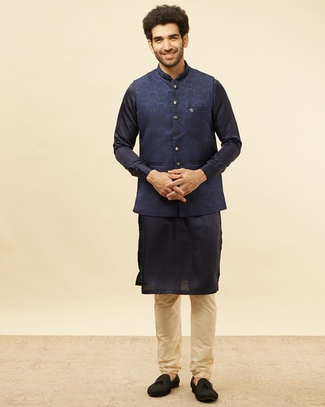 Buy Manyavar Blue Art Silk/Blended Rayon Embroidery Kurta Jacket & Pencil  Pyjama (Set of 3) online