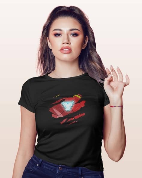 Women Iron Man Print Regular Fit Crew-Neck T-Shirt