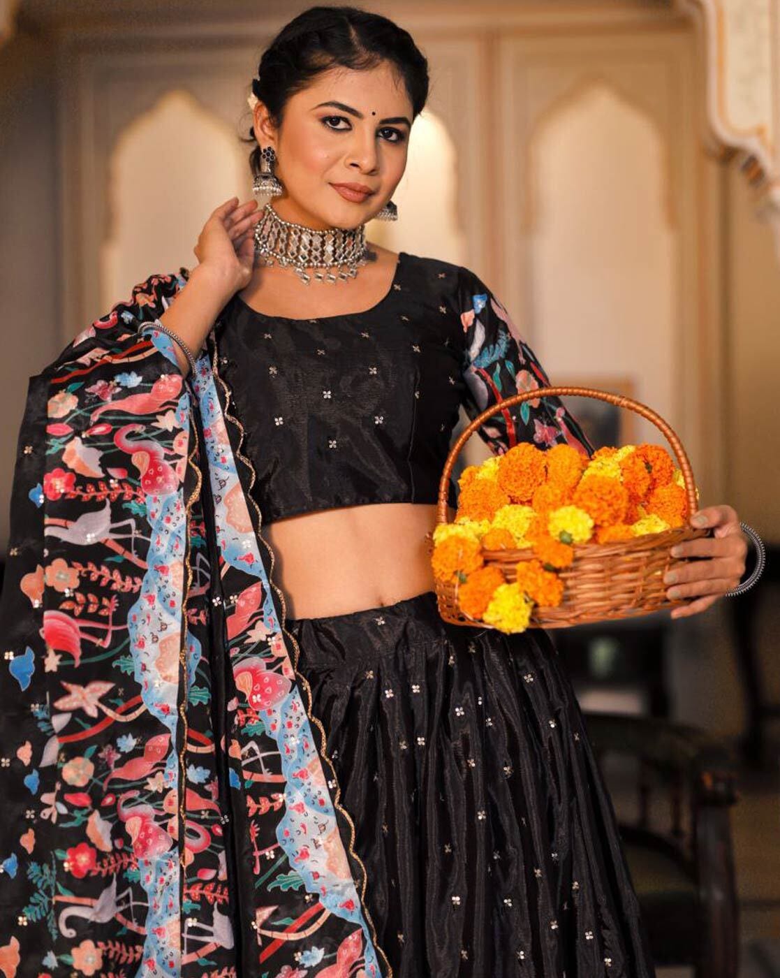 Orange and Black Color Partywear Silk Lehenga Choli