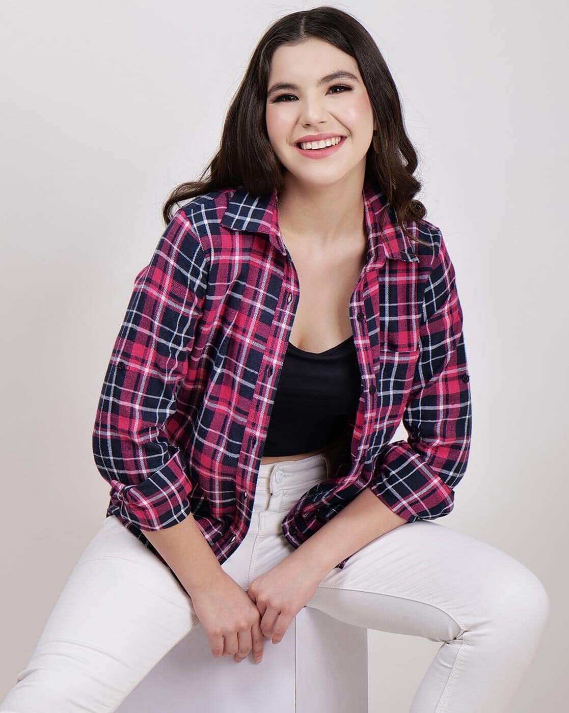 トップス Belvet Cropped checkered shirt pink Belvet Cropped checkered shirt pink Women Checked Regular