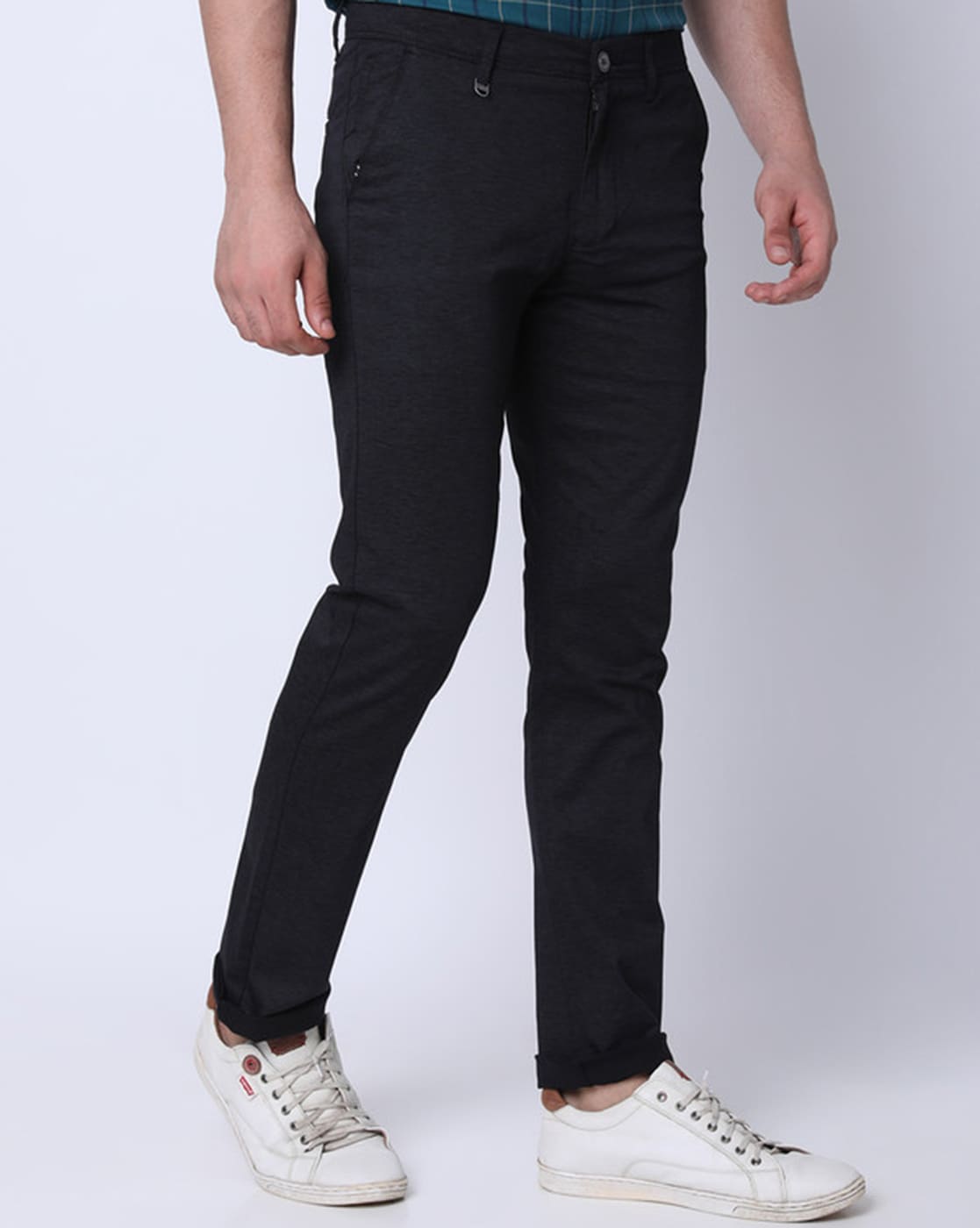 Buy Men Navy Solid Slim Fit Trousers Online - 593714 | Van Heusen