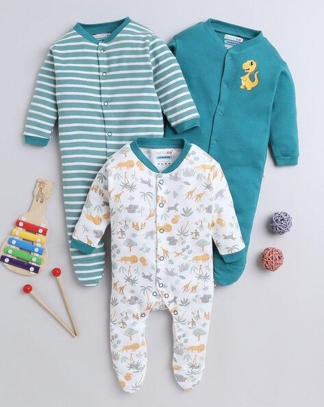 Pack of 3 Printed Sleepsuits with Snap-Button Closure