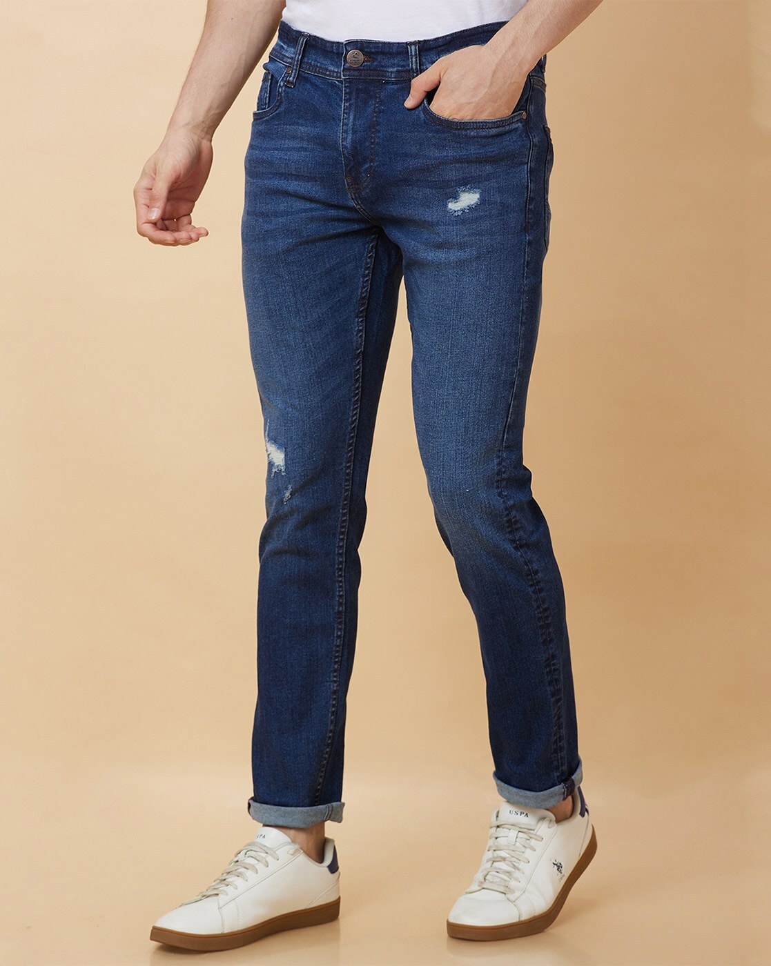 Light-Wash Slim Fit Distressed Jeans