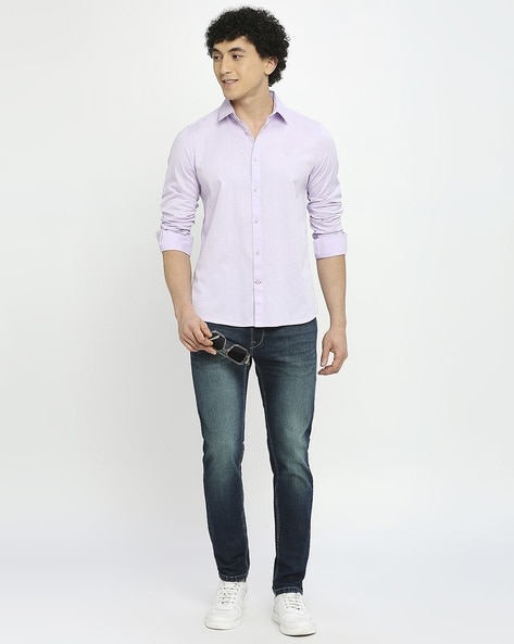 Men's Charcoal Cotton Blazer, Light Violet Dress Shirt, Blue Jeans, Navy  Leather Boat Shoes