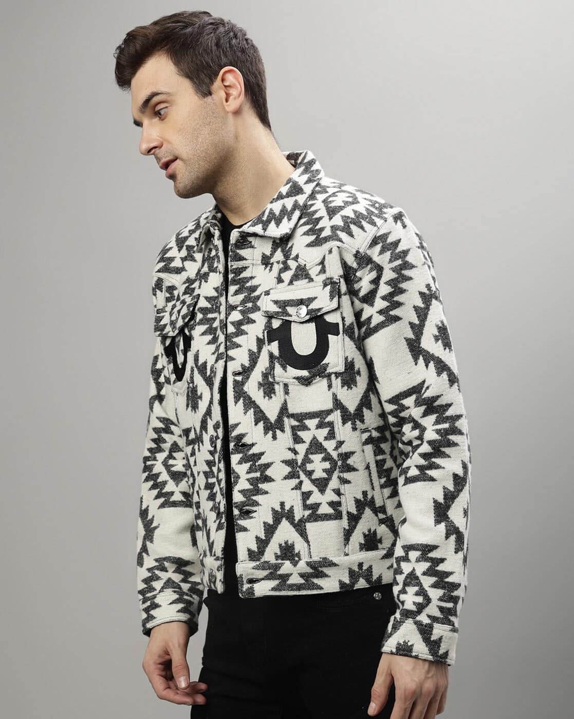 Buy TRUE RELIGION Geometric Print Regular Fit Denim Jacket | White