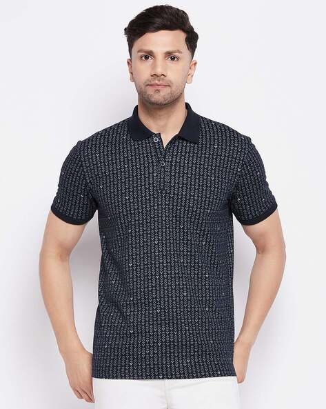 Geometric Print Polo T-Shirt with Ribbed Hem