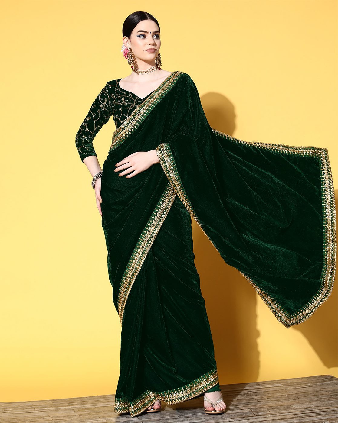 GREEN VELVET SAREE EMBROIDERY PARTY WEAR BLOUSE SARI INDIAN PAKISTANI GOWN  DRESS | eBay