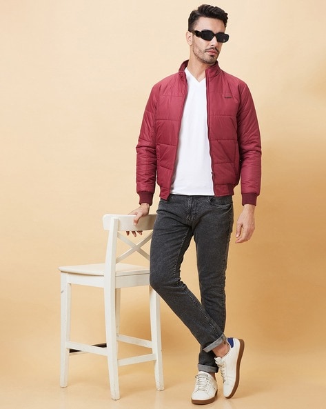 Buy Tommy Hilfiger Men Burgundy Solid Padded Varsity Jacket - Jackets for  Men 2290779 | Myntra