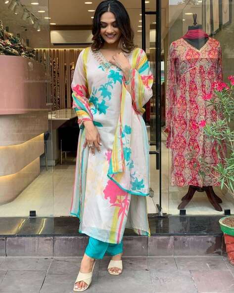 Buy White Printed Cotton Straight Kurta With Salwar & Dupatta Online at  Rs.1589