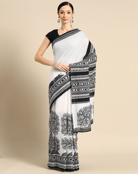 White and black polka dot soft cotton sarees with price | Kiran's Boutique
