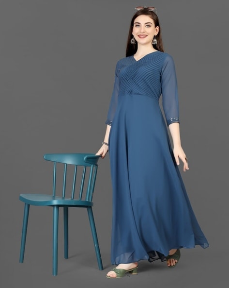 Dark Blue Colour Attractive Party Wear Georgette Embroidered Gown has a  Regular-fit