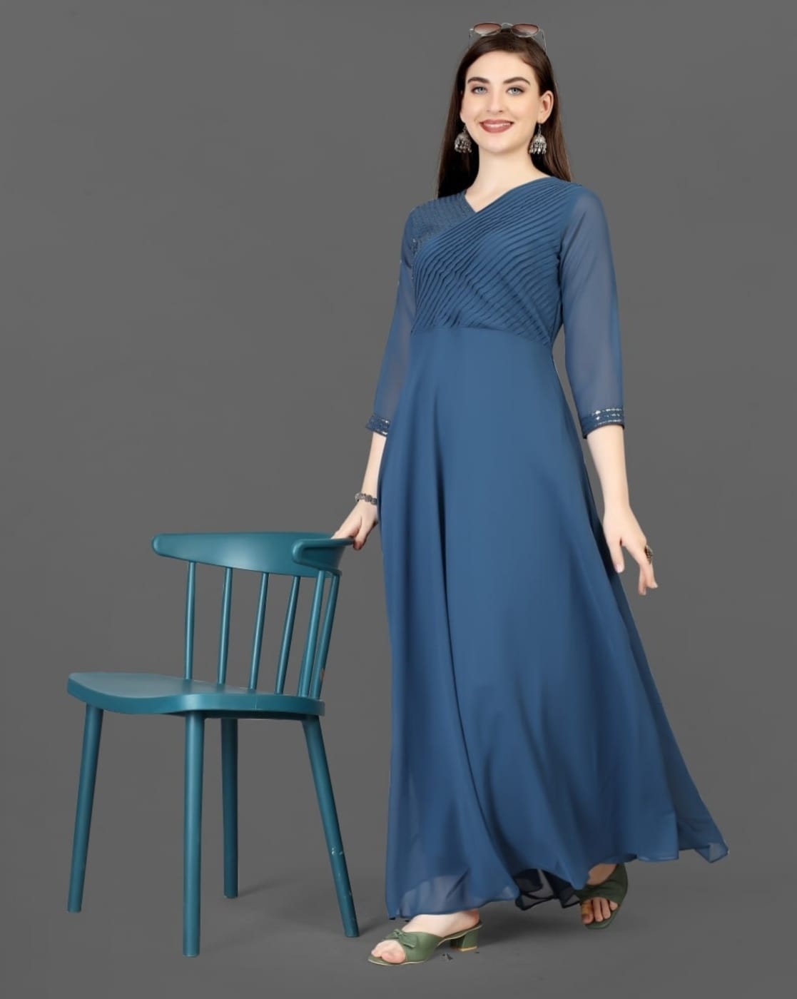 Navy blue color party wear gown – Panache Haute Couture