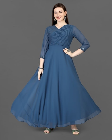 Ravishing Navy Blue Georgette Partywear Gown Online at Inddus.com.