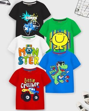 Pack of 5 Graphic Print Round-Neck T-Shirts-image-33