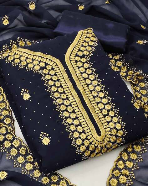 Women Zari Embroidered 3-Piece Unstitched Dress Material Price in India