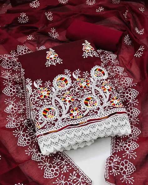 Women Embroidered Unstitched 3-Piece Dress Material Price in India