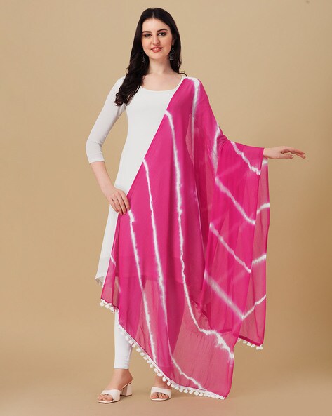 Women Leheriya Print Dupatta with Pom-Pom Lace Price in India