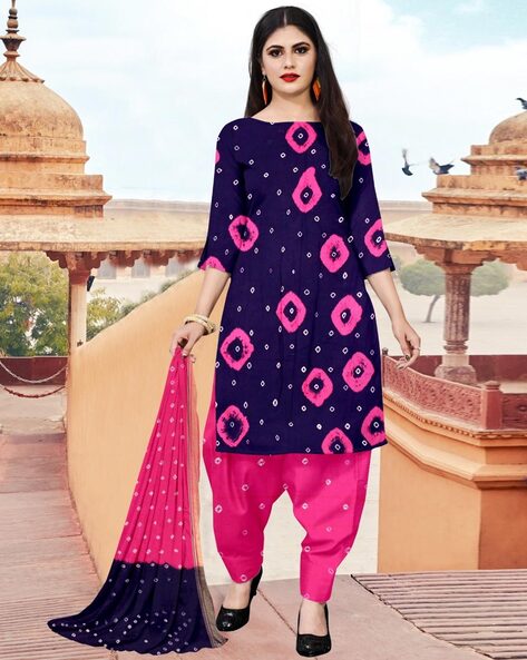 Red Indigo Unstitched Cotton Chanderi Ajrakh Suit - House Of Elegance –  House Of Elegance - Style That Inspires