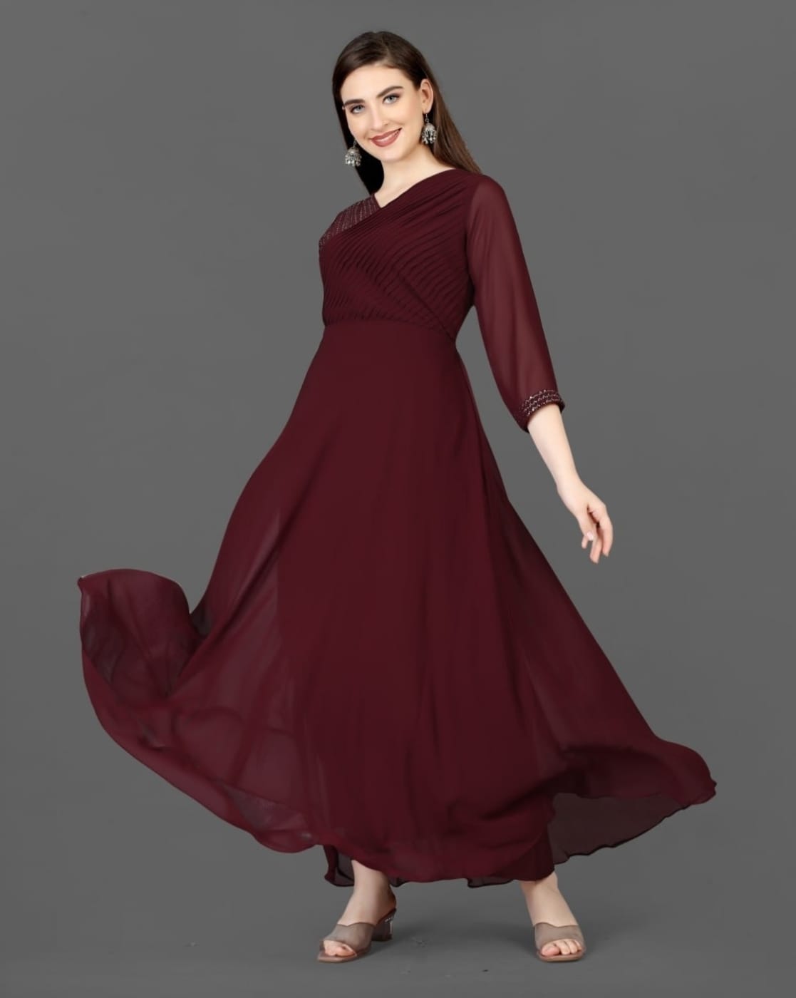Buy PacificSurf Women's Long Gown Western Georgette Dress with Round Neck  3/4 Sleeve Ribbin Embroidery Work A-Line Maxi Dress (A-Gown-Maroon-XX-Large)  at Amazon.in