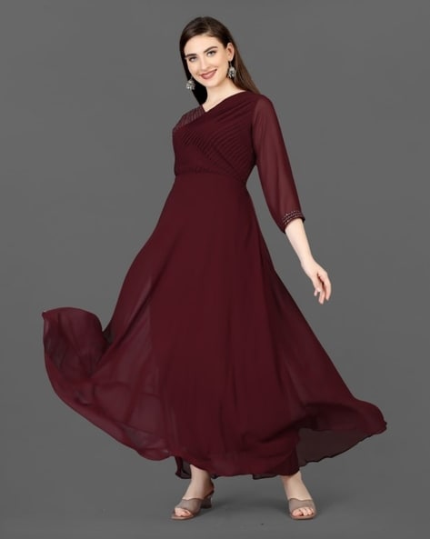 Heavy Embroider Maroon Gown for Wedding