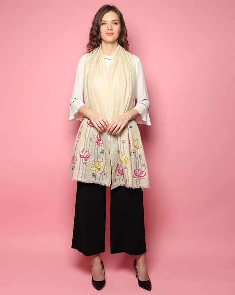 Women Floral Embroidered Shawl with Fringes Price in India