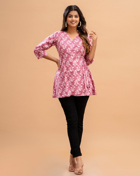 Bimba Women Angrakha Style Kurta Asymmetrical Pink Kurti Cotton Blouse at  Amazon Women's Clothing store