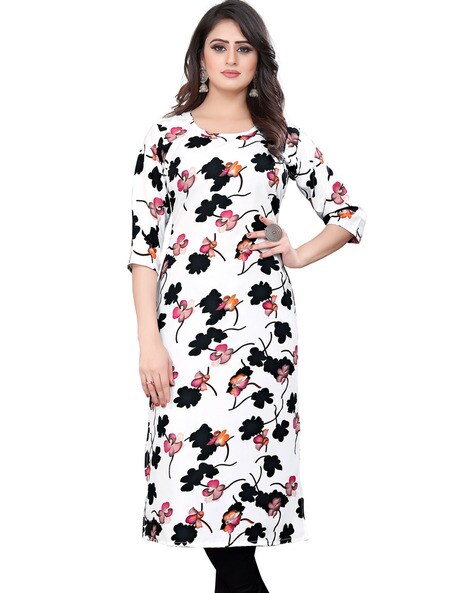 White Floral Printed Blue Straight Kurti With Border Details – Znxclothing