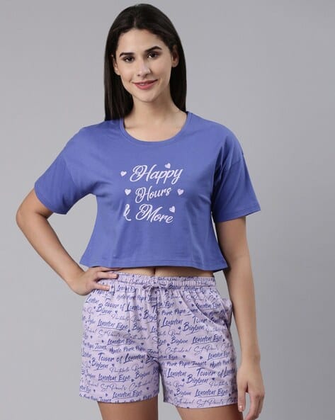 Women Printed Cotton T-Shirt with Shorts - Main Image