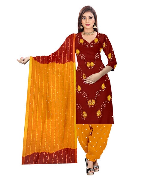 Women Chundari Print Unstitched Top Bottomwear Dress Material with Dupatta