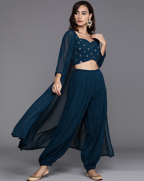 Black Georgette Crop Top With Bottom And Shrug Online FABKU20843 FABANZA