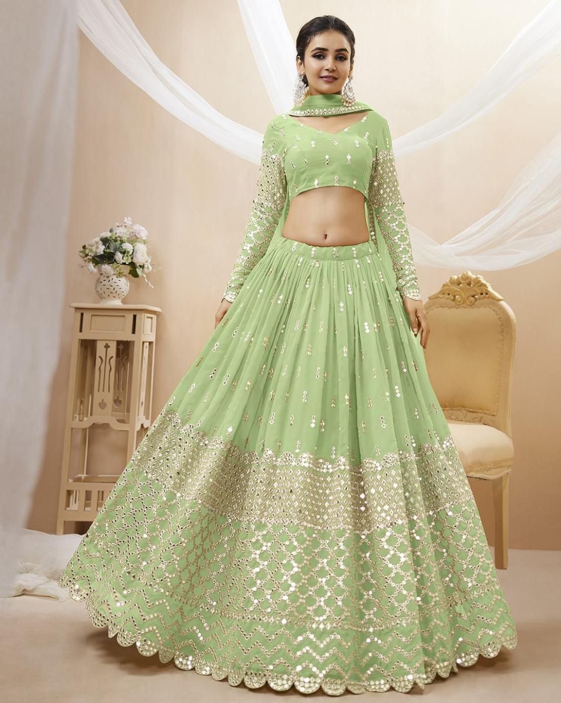 Pista Green Soft Net Zari Work Party Wear Trendy Lehenga For Women – Gunj  Fashion