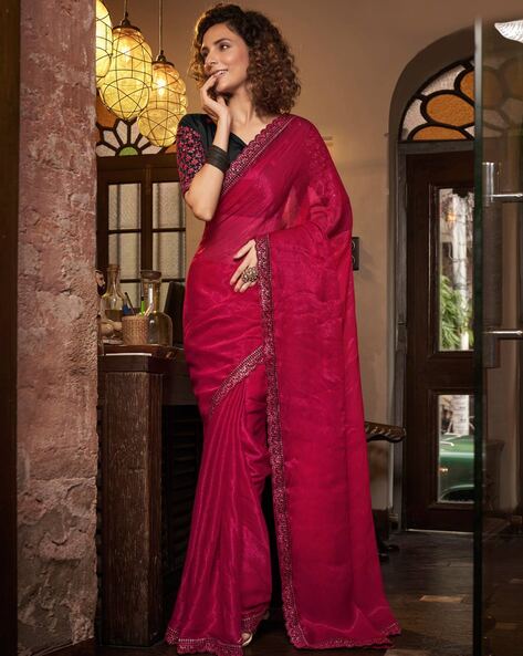 Women's Woven Embroidered Silk Fuchsia Pink Saree|SARV113370