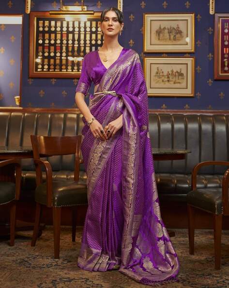 satrani purple traditional women chevron woven art silk saree with tassels