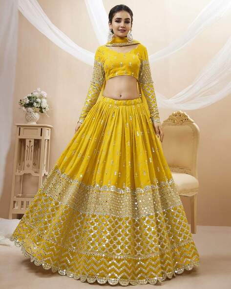 Buy Sangeet Wear Yellow Printed Work Chinnon Lehenga Choli Online From  Surat Wholesale Shop.