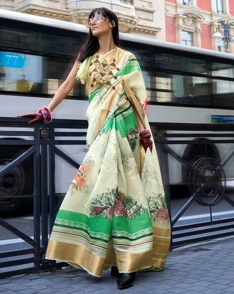 Mint Blue White Floral Printed Saree | Lashkaraa