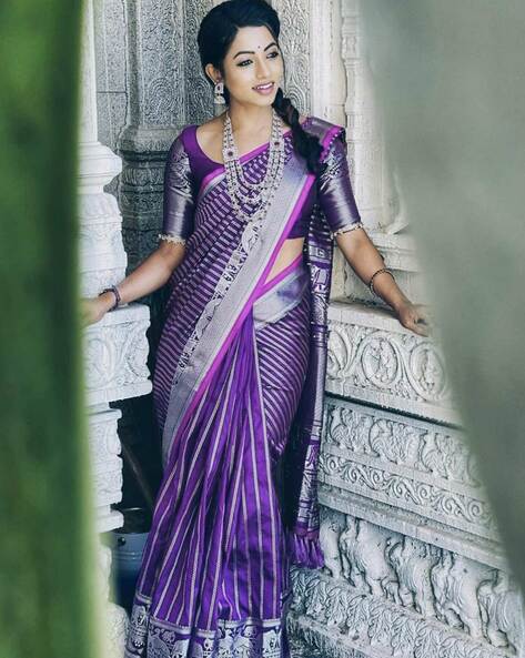 Purple Saree With Blue Border, Hand knotted Sungudi On a Yannai Border –  villvam