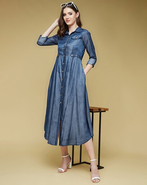 Cheap Short Sleeve Denim Dress Patch Pocket High Waist Ruffle Hem A-Line  Elegant Casual Solid | Joom