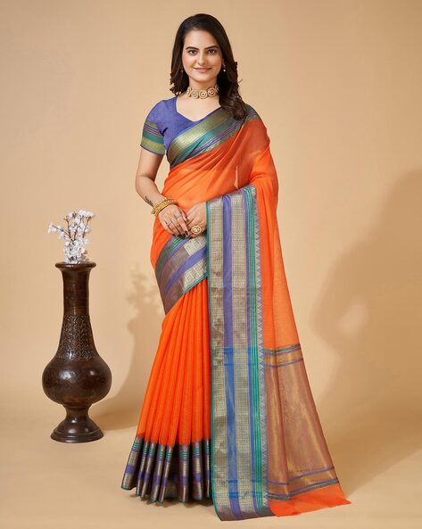 Orange & Blue Coloured Pure Soft Oranza Silk with stylish Print & Fancy  Border Women Party wear Oranza Silk Saree with Blouse!! at Rs 1138.00 |  सॉफ्ट सिल्क साड़ी - SR CREATION,