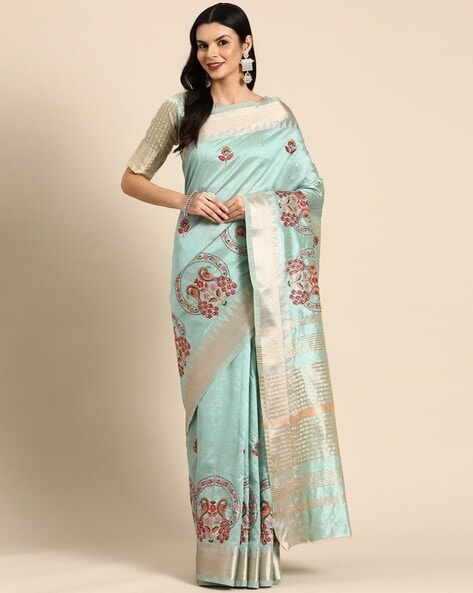 Sky Blue Casual Wear Digital Printed Cotton Silk Saree