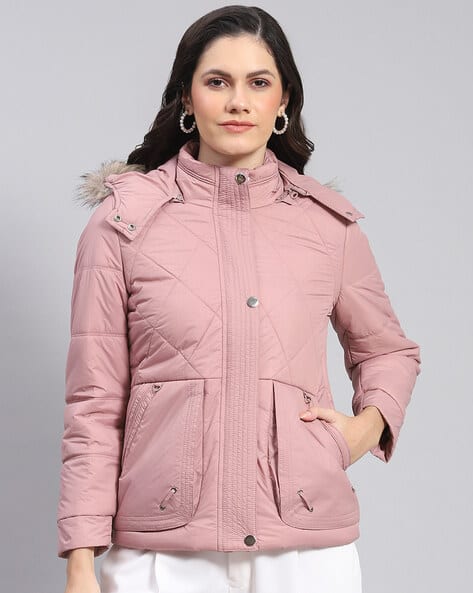 Women Puffer Bomber Jacket with Detachable Fur-Line Hood
