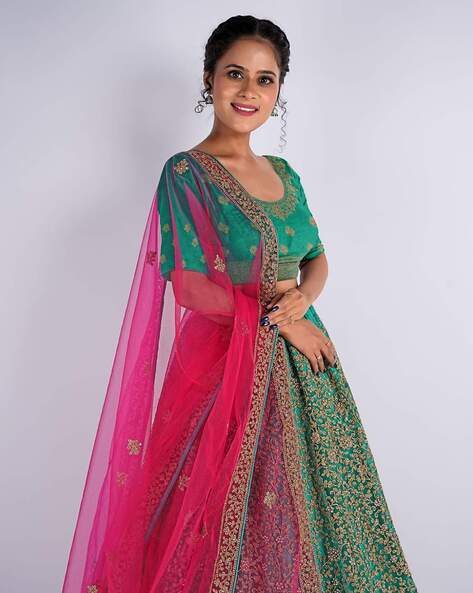 Papa Don'T Preach By Shubhika | Teal Pink Bridal Embroidered Lehenga Set |  INDIASPOPUP.COM