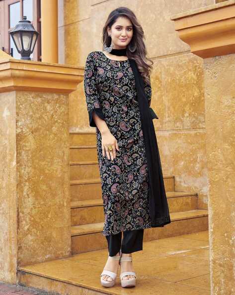 Buy Black Kohra Silk Straight Pant Suit With Dupatta Online - 1788 | Andaaz  Fashion Eid Store