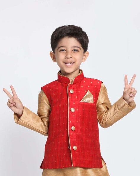 NAMASKAR Boys Gold Floral Woven Design Nehru Jacket - Absolutely Desi