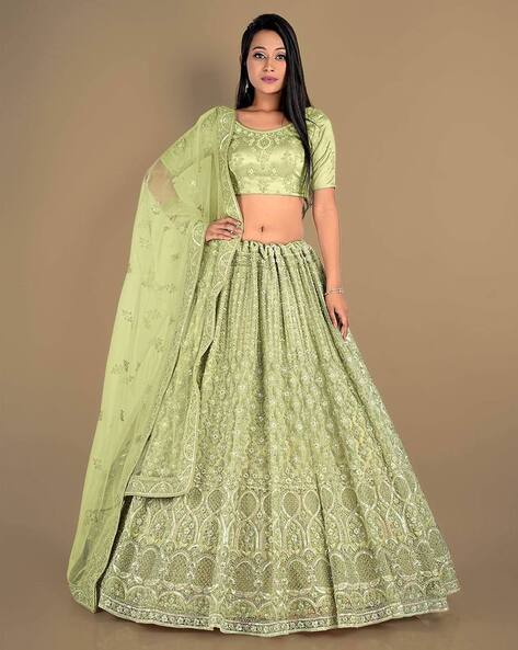 Heavy Designer Pista Colour Embroidery Work Lehenga Choli | TheIndianFab