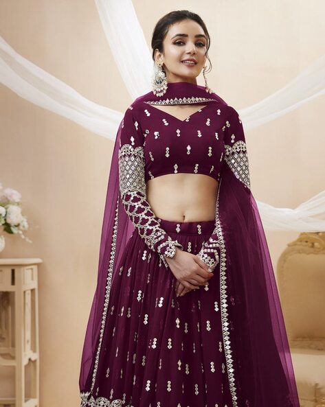 Wine Ombre Embellished Lehenga Choli With Dupatta